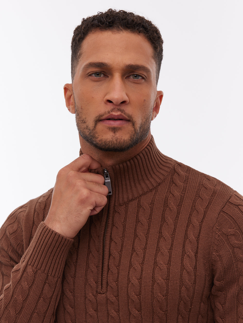 Rasola Brown BR071 Knit 1/4 Zips Cable 7 Gauge Shot 2